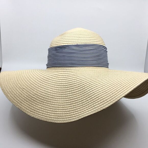 Jones New York floppy straw sun hat with blue and white twilly ribbon OSFA - Picture 5 of 14